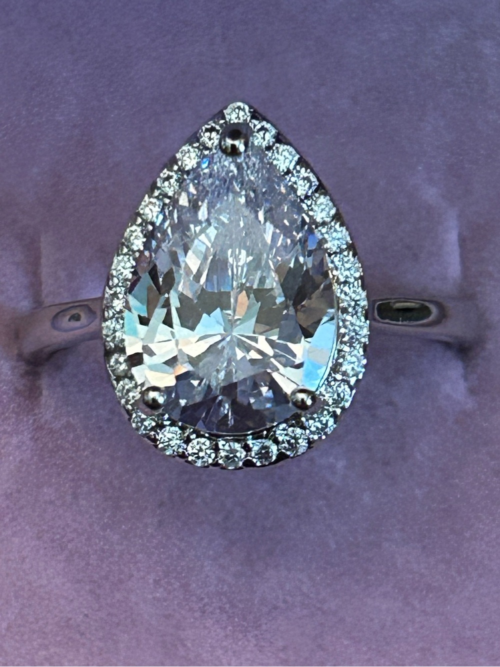 Large Pear-Shaped Halo Cubic Zirconia Ring in Clear and Silver-Tone Size 9